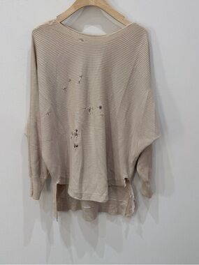 All Saints Beige Distressed Ribbed Pullover